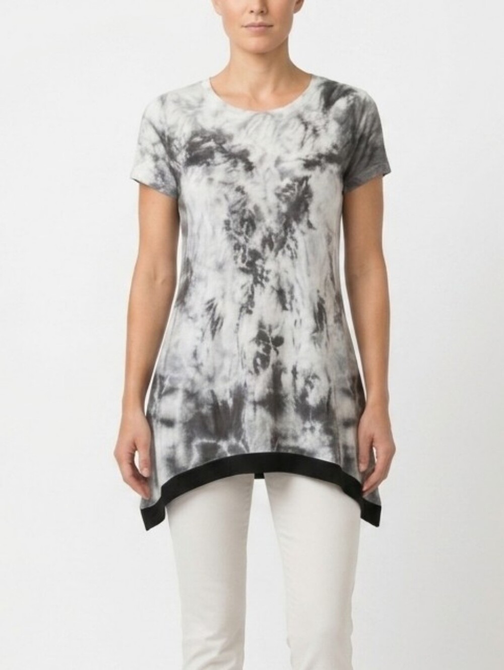 Vocal Black & White Tie-Dye Short Sleeve Tunic with Hem Band